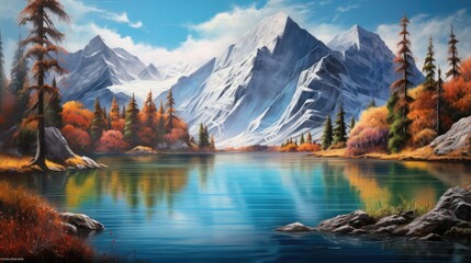  a painting of a mountain landscape with a lake in the foreground and trees in the foreground, and a blue sky with white clouds, and yellow and green.  generative ai