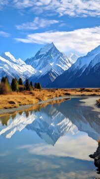  a mountain range is reflected in the still water of a river in the foreground, with a grassy area in the foreground, and snow - capped mountains in the background.  generative ai