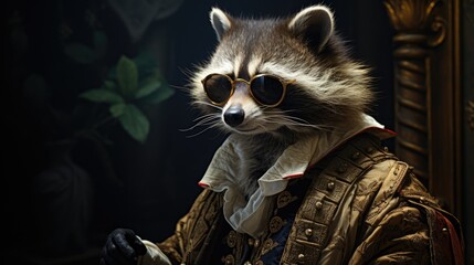  a close up of a raccoon wearing a jacket and sunglasses with a jacket on it's shoulders and a hat on its head and a jacket on it's chest.  generative ai