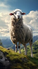  a white sheep standing on top of a lush green hillside under a blue sky with white clouds and a mountain range in the distance with green grass and rocks below.  generative ai