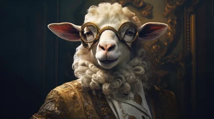 Foto op Plexiglas  a sheep with glasses on it's head and a suit on it's chest, in front of a painting of a man with a goat's head.  generative ai © Shanti