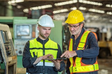 Two professional engineer worker technician checking old machine construction factory with colleague technician. factory assistant worker in helmet check old machinery construction in old factory.