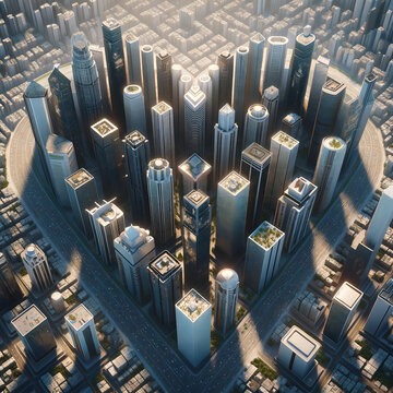  photorealistic image of an array of skyscrapers forming a heart shape when viewed from above