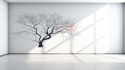  an empty room with a tree in the middle of the room and a large window on the side of the room to the right of the room is a bare tree with no leaves.  generative ai