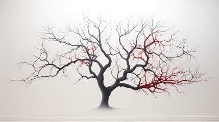  a painting of a bare tree with red branches on a white wall with a white floor and a white wall with a white floor and white wall in the background.  generative ai
