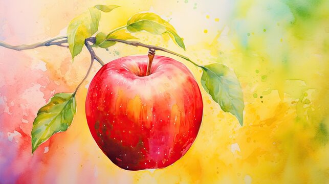  a painting of a red apple hanging from a tree branch with green leaves on a yellow, pink, green, and red background of watercolored watercolored paper.  generative ai