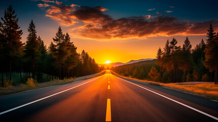 The asphalt road goes into the horizon, with forest on both sides. Straight road and sunset. Autumn. Journey - obrazy, fototapety, plakaty