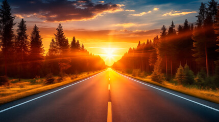 The asphalt road goes into the horizon, with forest on both sides. Straight road and sunset. Autumn. Journey
