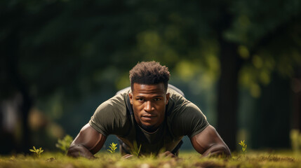 Young african american man doing push ups on grass in park.