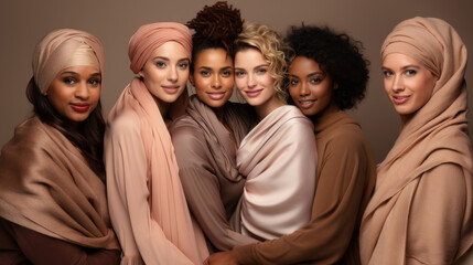 Group of six women with different ethnicity and skin tones posing in studio.
