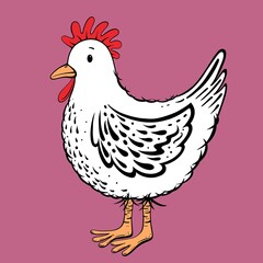 Illustration of a cute white chicken on a bright blue background. Stylised decorative feathers. Hen design in a cartoon style. Orange beak and feet and a bright red comb and wattles.