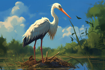 illustration of a painting of a stork in nature - obrazy, fototapety, plakaty