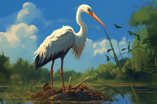 illustration of a painting of a stork in nature