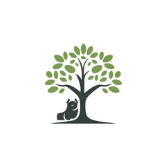 Obraz premium Petting zoo filled colorful logo. Pet friendly cafe. Reliability business value. Dog sitting under tree. Design element. Created with artificial intelligence. Ai art for corporate branding, website