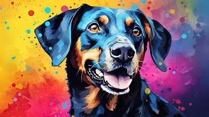  a close up of a dog's face in front of a multicolored background with a black and brown dog's head and a yellow spot on it's left side.  generative ai - obrazy, fototapety, plakaty