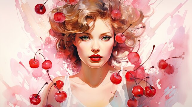  a painting of a woman with a bunch of cherries on her head and her hair blowing in the wind, with a splash of pink paint behind her head.  generative ai
