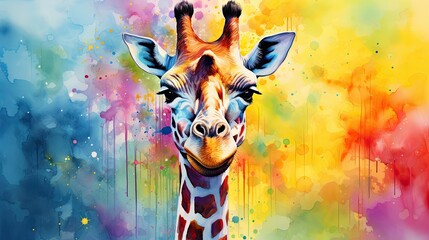  a close up of a giraffe's face with paint splatters on the wall in the background and a multicolored image of the giraffe.  generative ai