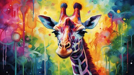  a painting of a giraffe's face in front of a multicolored background with drops of paint on the bottom of the giraffe's head.  generative ai