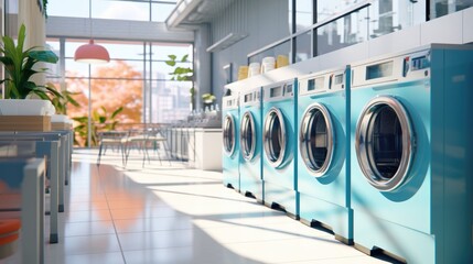 Modern laundry shop interior with counter and washing machines - obrazy, fototapety, plakaty