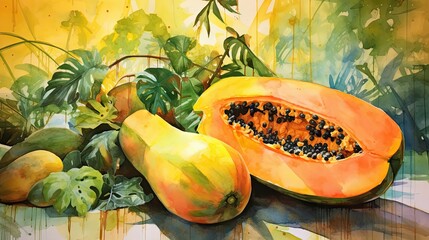  a painting of a papaya and other fruit on a table with a painting of leaves and flowers in the background and a painting of another fruit on the wall.  generative ai