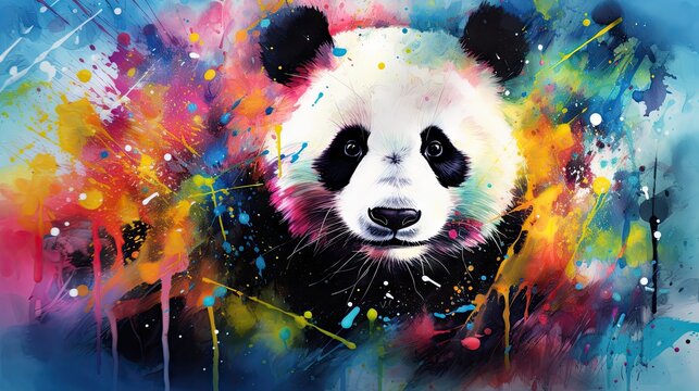  A Painting Of A Panda Bear With Multicolored Paint Splatters On It's Face And A Black, White, Black, And Yellow, Red, And Blue Face.  Generative Ai