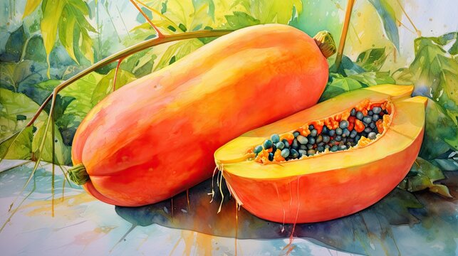 a painting of a papaya and a piece of papaya on a table with leaves on the side of the table and a piece of papaya on the other side of the table.  generative ai