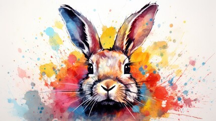  a watercolor painting of a rabbit's face with a splash of paint on the back of it's face and the front part of its face visible ears.  generative ai
