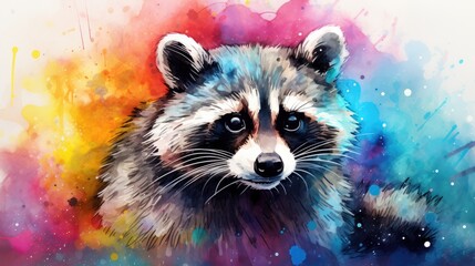  a painting of a raccoon with colorful paint splatters on it's face and a blue, red, yellow, green, pink, and blue background.  generative ai