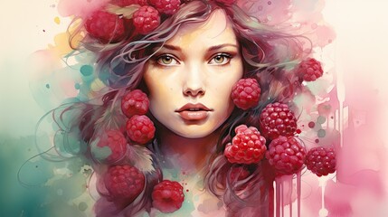  a painting of a woman with a bunch of raspberries on her head and her hair blowing in the wind as if she is holding a bunch of raspberries.  generative ai