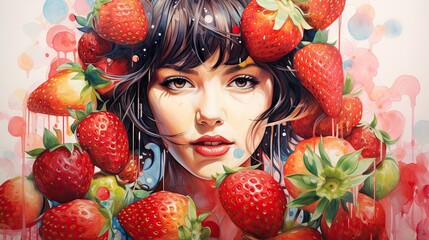  a painting of a woman surrounded by strawberries with drops of water coming out of her eyes and her hair in the middle of her face, with a splash of water droplets on her face.  generative ai