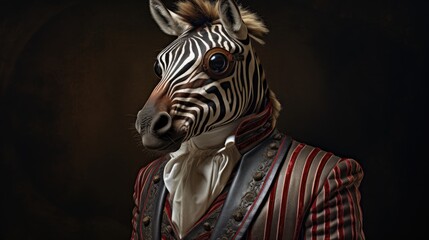  a close up of a zebra wearing a suit and tie with a zebra's head sticking out of the top of the suit and a zebra's head.  generative ai