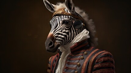  a close up of a zebra wearing a zebra's head and a suit with a zebra's head in the center of the zebra's head and a black background.  generative ai