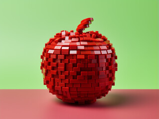 3D model of a red apple built from plastic block. Isolated on solid background.