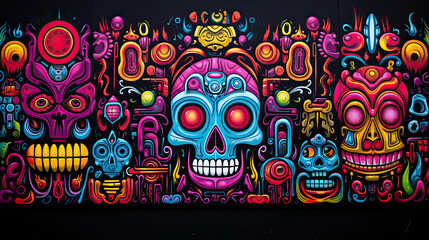 perfectly symmetrical graffiti doodle art in Tucson Street Mural, neon glowing colorful, on wall, coloring book, skull pattern, vivid colors gouache - obrazy, fototapety, plakaty