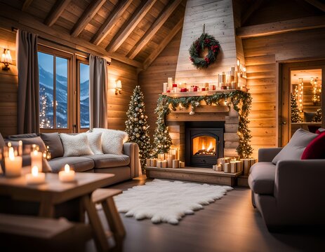 Chalet de Noël avec cheminée