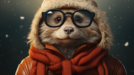  a close up of a racoon wearing a hat and glasses with a scarf around it's neck and a scarf around it's neck and a scarf around its neck.  generative ai