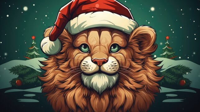  a lion wearing a santa hat on top of a snow covered ground with a christmas tree on the other side of the image is a green background with snowing.  generative ai