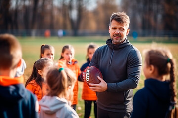 Naklejka premium Elementary school coach playing American football with his students