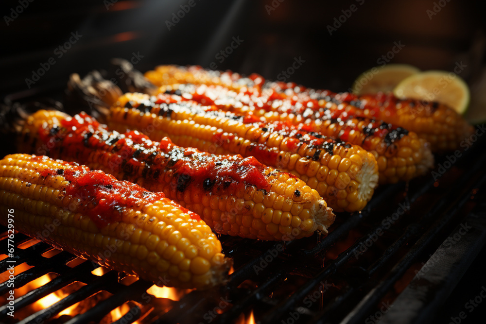 Poster A close-up shot of corn on the cob grilling over an open flame, capturing the sizzle and char marks.  