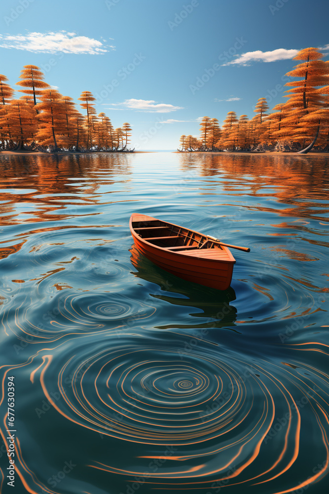 Fototapete A tranquil view of a canoe gliding through calm water, with its movement creating a symmetrical pattern of circles.  