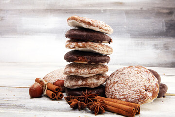 Typical German Gingerbreads such as Lebkuchen and Aachener Printen on rustic