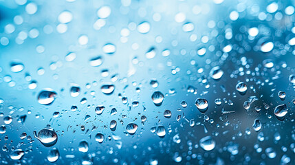 Water drops on glass. Blue background. Shallow depth of field. 
Rain drops on window glass with blue sky background, shallow DOF