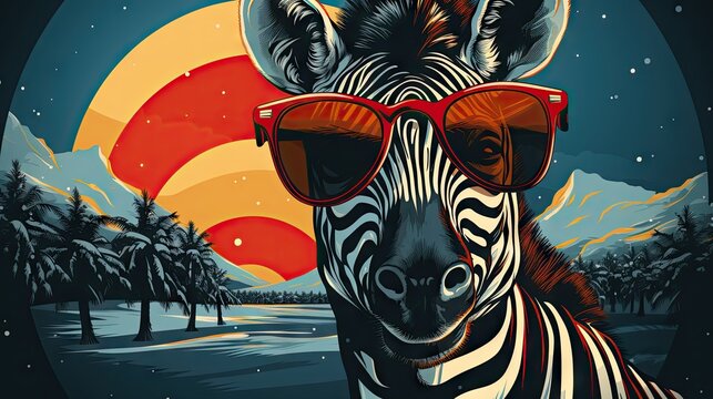  a picture of a zebra with sunglasses on it's head and a background of palm trees, a sunset, and a red sun in the middle of the sky.  generative ai