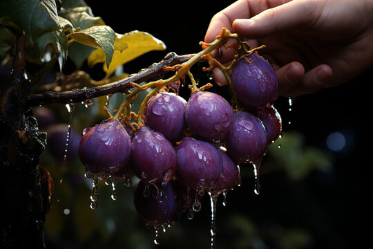 An image of a hand reaching out to pluck a ripe passion fruit from the vine, showcasing the process of harvesting. 