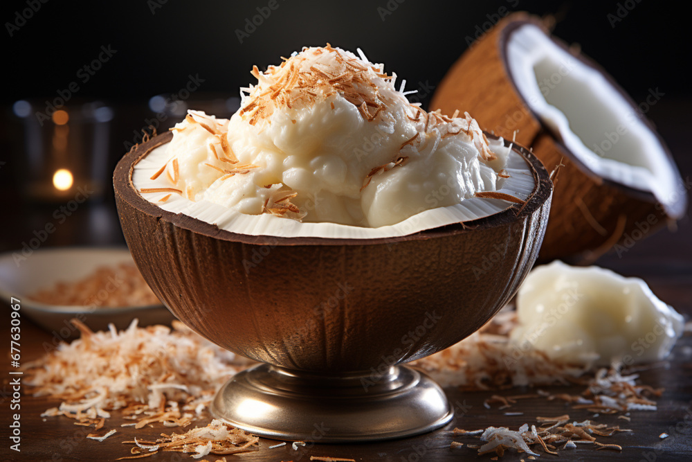 Poster a scoop of coconut-flavored ice cream served in a halved coconut shell, topped with shredded coconut