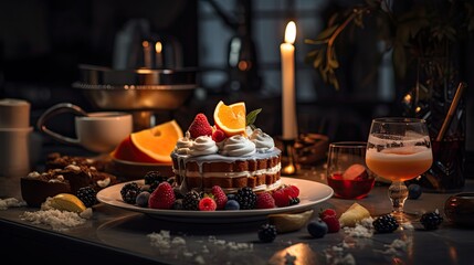 Obraz na płótnie Canvas a table topped with a cake covered in frosting next to a glass of wine and a plate of fruit on top of a table next to a lit candle. generative ai