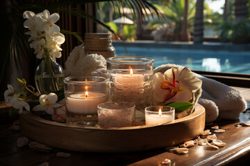 Fototapeta premium A serene scene of a spa setting featuring a coconut-based treatment, symbolizing relaxation and rejuvenation. 