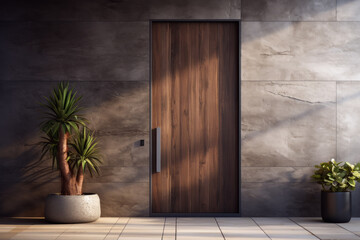 Close up of modern sleek wooden door at the entrance in background of minimalist house. Architectural concept of buildings and entrance.