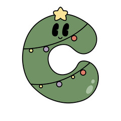 Letter C cute 60s 70s groovy retro vintage smiley green tree cartoon font winter alphabet merry christmas xmas festive sublimation clipart