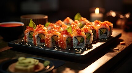  a plate of sushi on a table next to a bowl of dipping sauce and a cup of sauce on a plate next to a plate of sushi on a table.  generative ai